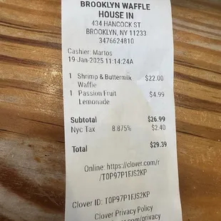 Total for my order. Very expensive. Should have been 18.00 for the waffles and shrimp.