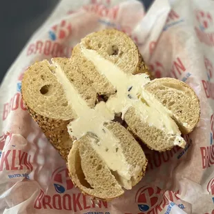 Whole Wheat Everything Bagel w/ Olive Cream Cheese (wish there were more olives!!)