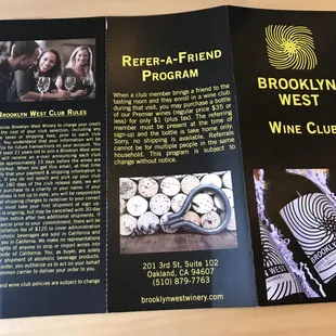 Wine club information at Brooklyn West Winery in Oakland.