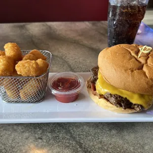 BBQ Smokehouse Bacon Burger and tater tots!
