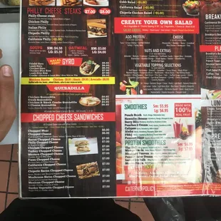 Appetizers , Philly-Steaks ,Quesadillas, 
Halal food Gyro&apos;s , salads and fresh smoothies