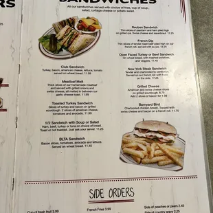 a menu for sandwiches and sides