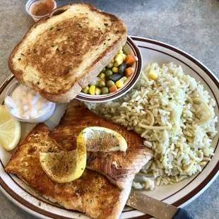 Grilled salmon dinner. Great price and huge portions. Delicious!