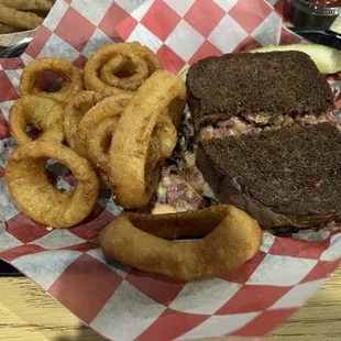 Rueben , pickle fries, chicken basket, fries and onion rings.