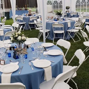 Reception tables in our last-minute tents