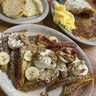 Banana Nut French Toast, biscuits, and country Chicken Fried Steak and Eggs Combo