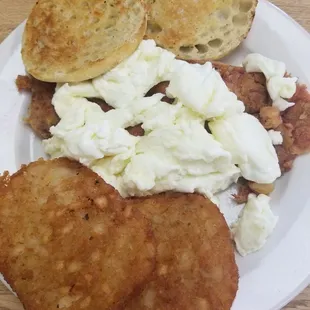 Homemade cornbeef hash, scrambled egg whites, hashbrowns,  grilled English muffins