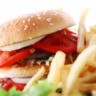 a hamburger and french fries