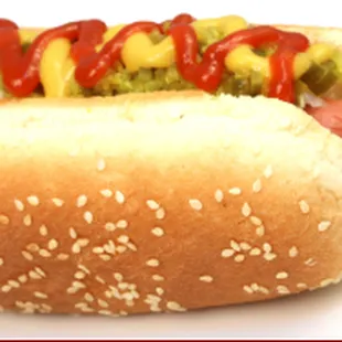 a hot dog with mustard and ketchup