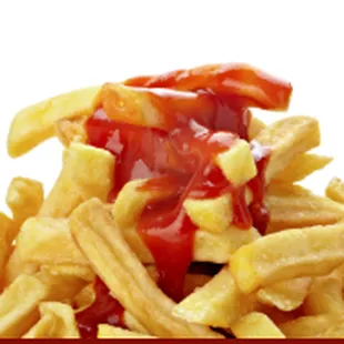 a pile of french fries and ketchup
