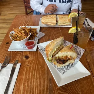 Katsendike and turkey Swiss sandwiches with fries