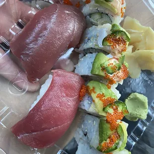 Tuna nigiri and spicy hamachi roll