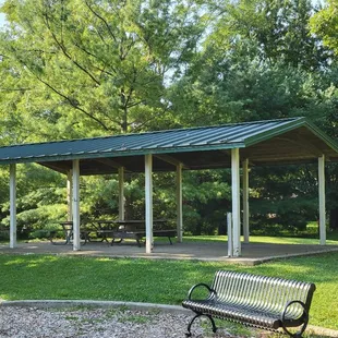 Shelterhouse with picnic tables and nearby benches