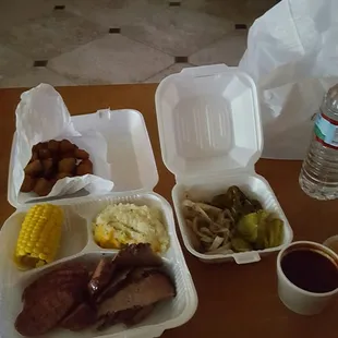 Brisket and sausage with baked potato casserole and fried okra