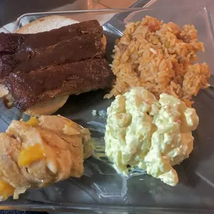 Ribs with Barbecue sauce, Jambalaya, Potato Salad and Peach Cobbler