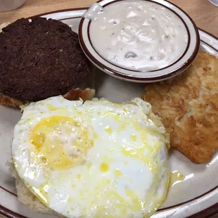 Sausage Biscuit, Egg, Hash Brown &amp; Sausage Gravy.