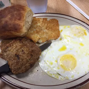 Fried Steak &amp; Eggs, Hash Browns &amp; Biscuits.