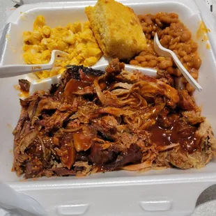 Pulled pork, brisket,  mac n cheese, baked beans and cornbread.