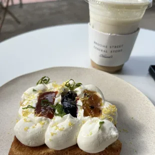 Miso caramel latte &amp; ricotta toast w/ rainbow jams