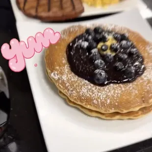 Bone in Ham and blueberry pancakes.