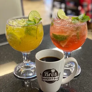 Mango and watermelon Mojitos with a nice cup of coffee