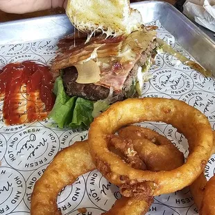 HBO burger and onion rings