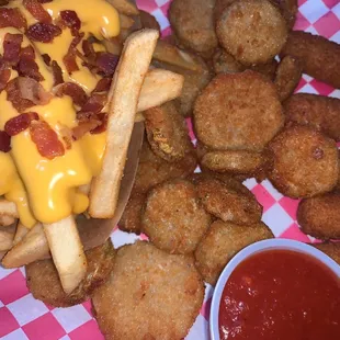 Appetizers! Cheese fries, fried pickles, and mozzarella sticks.