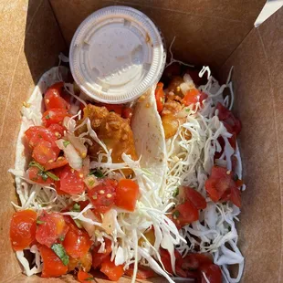 The Truth (beer battered fried fish tacos) with chipotle garlic aioli