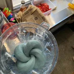 The beginnings of our blue spirulina bowl