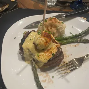 Prime Steak Oscar with grilled asparagus and whipped potatoes