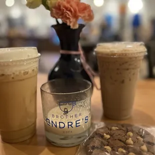 a cookie and a glass of iced coffee