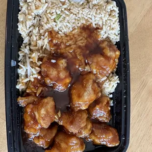 chicken and rice in a plastic container