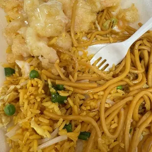 Rice &amp; chow mein, coconut shrimp