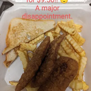 e shows fried chicken and french fries in a styrofoam container