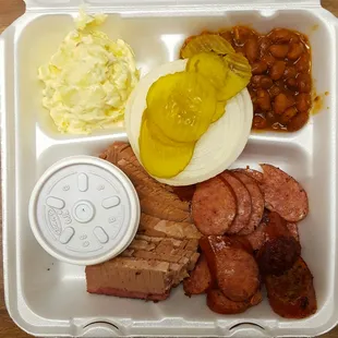 2 meat platter with Sliced Beef, Sliced Link, beans, and potato salad (sauce on the side, as requested)