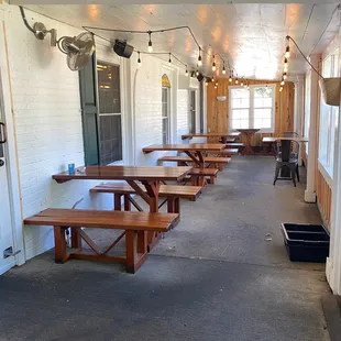 a long row of picnic tables