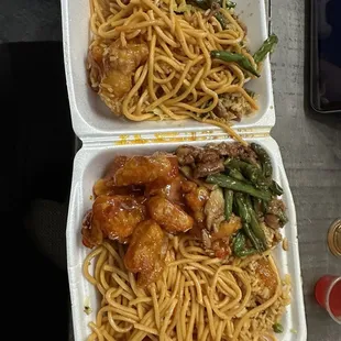 Chow mien orange chicken green beans and chicken