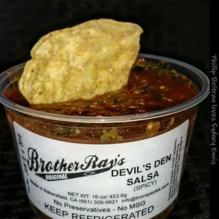 Brother Ray's Devil's Den Salsa. Never overpowering but a great, solid blast of heat. This one's spicy!

Gluten/sugar/msg free.