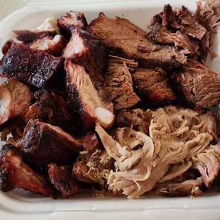 Rib tips, brisket, pulled pork