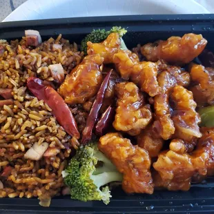 General Tso's Chicken over Pork Fried Rice