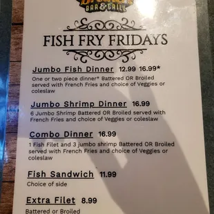 Fish Friday menu