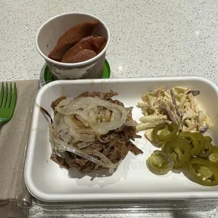 Brisket, hot link, slaw and some pickled jalapeños