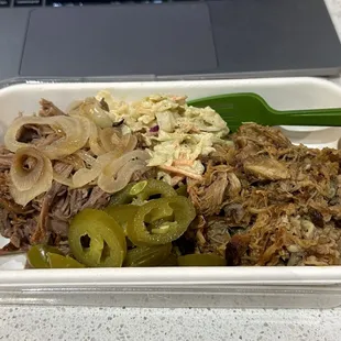 Brisket, pulled pork, slaw and jalapeños