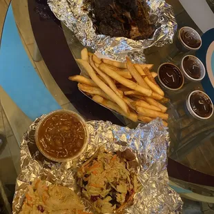 Beef Ribs, Brisket Slider, Fries and Baked Beans
