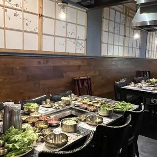 a long table with a lot of food on it