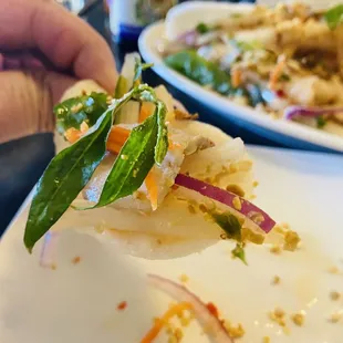 Lotus roots and shrimp salad served with pork, Vietnamese mint and sweet vinaigrette. Served on the side with fried shrimp chips