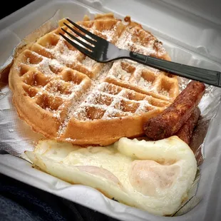 Waffle w/sausage &amp;eggs. Quite nice but I wish they'd given butter, salt &amp;pepper at drive-thru.