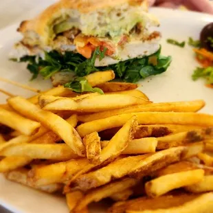 Grilled chicken sandwich with pesto mayo on ciabatta