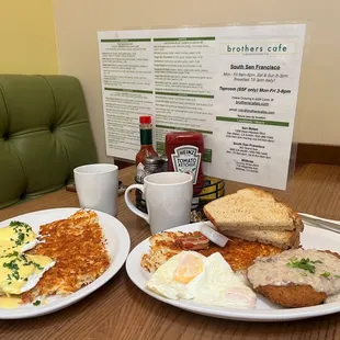 Eggs Benedict with extra crispy hash browns Country Fried Steal with eggs over-easy, extra crispy hash browns and sourdough toast.