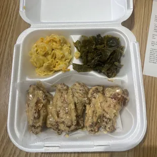Wing dings with Garlic parmesan, Bake Mac &amp; Cheese and Collard Greens